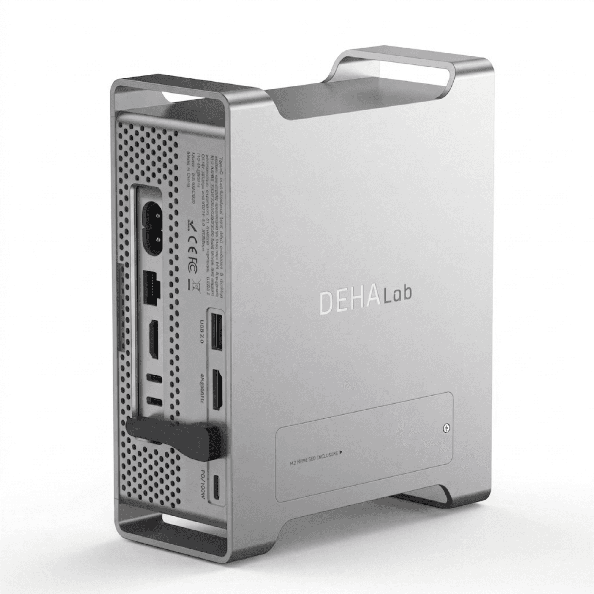 DEHA Lab cihazı. Taşıma kulpu ve NVIDIA GPU taşıyan küçük gümüş bir sunucu, bağlantı noktaları bir yanında.